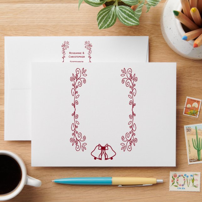 Burgundy Bells Scrollwork Design Wedding Envelope (Desk)