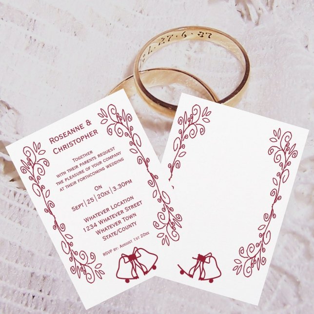 Burgundy Bells Scrollwork Design Wedding Invitation (Burgundy wedding invitation bells and scrollwork design)