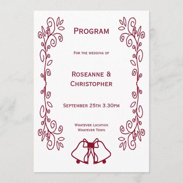 Burgundy Bells Scrollwork Design Wedding Programme (Front)