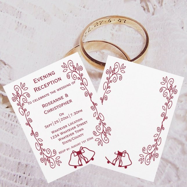 Burgundy Bells Scrollwork Wedding Reception Invitation (Burgundy wedding reception invitation bells and scrollwork design)