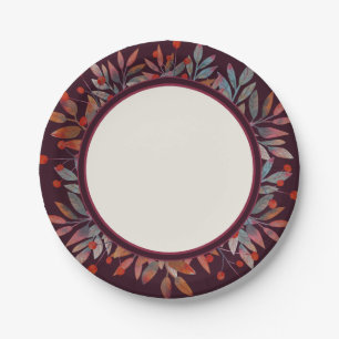 Burgundy Berries & Teal Green Leaves Ivory Paper Plate