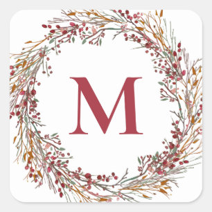Burgundy Berries Wreath Monogram Holiday Square Sticker