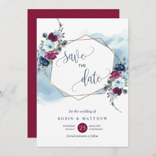 Burgundy, Berry and Blue Floral Wedding Save The Date