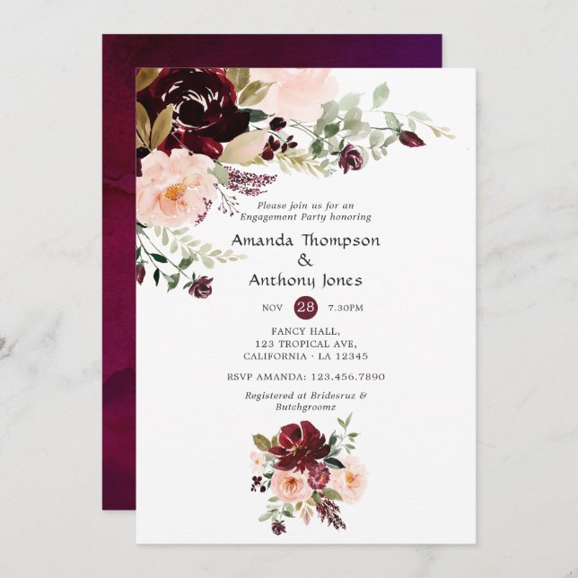 Burgundy Berry and Blush Floral Engagement Party Invitation (Front/Back)