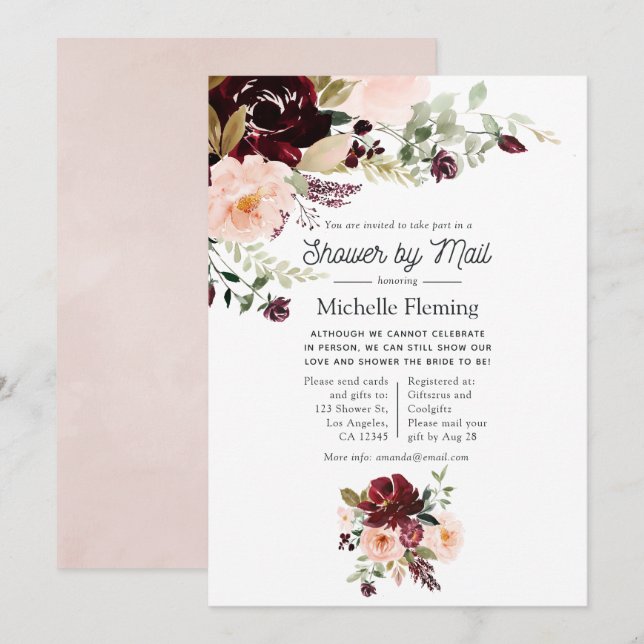 Burgundy Berry and Blush Floral Shower by Mail Invitation (Front/Back)