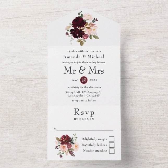 Burgundy Berry and Blush Floral Wedding All In One All In One Invitation (Inside)