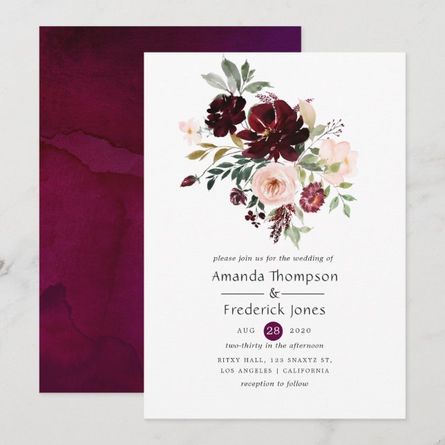 Burgundy Berry and Blush Floral Wedding Invitation (Front/Back)