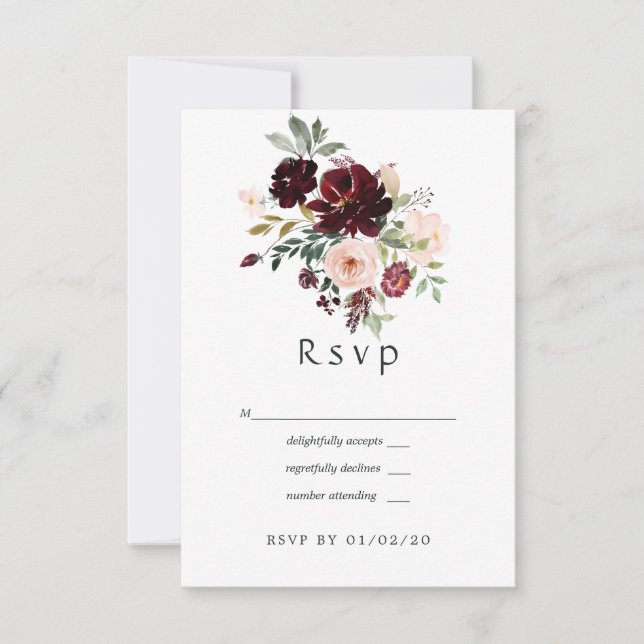 Burgundy Berry and Blush Floral Wedding RSVP Card (Front)