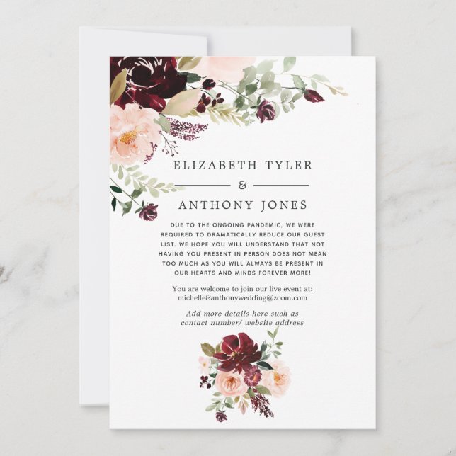 Burgundy Berry and Blush Reduced Wedding Guests Announcement (Front)