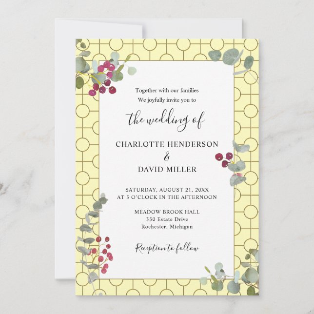 Burgundy Berry and Eucalyptus Greenery Wedding Invitation (Front)