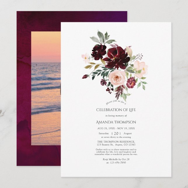 Burgundy Berry & Blush Floral Celebration of Life Invitation (Front/Back)