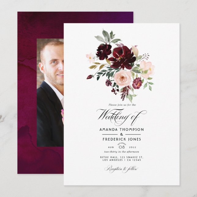 Burgundy Berry & Blush Floral Wedding Photo Invitation (Front/Back)
