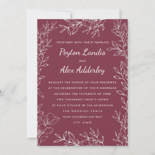 Burgundy Berry Botanical Line Art Wedding  Invitation