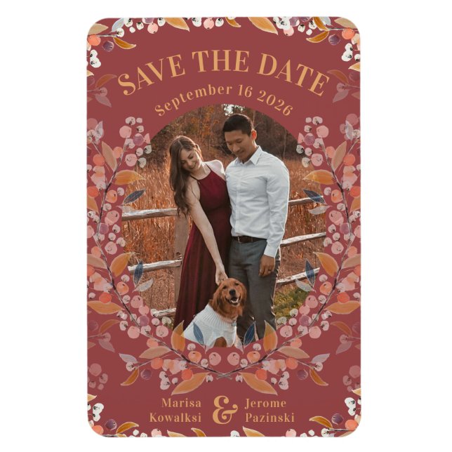 Burgundy Berry Gold Framed Photo Save the Date Magnet (Vertical)