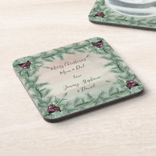Burgundy Berry Holly Pine Christmas Coaster