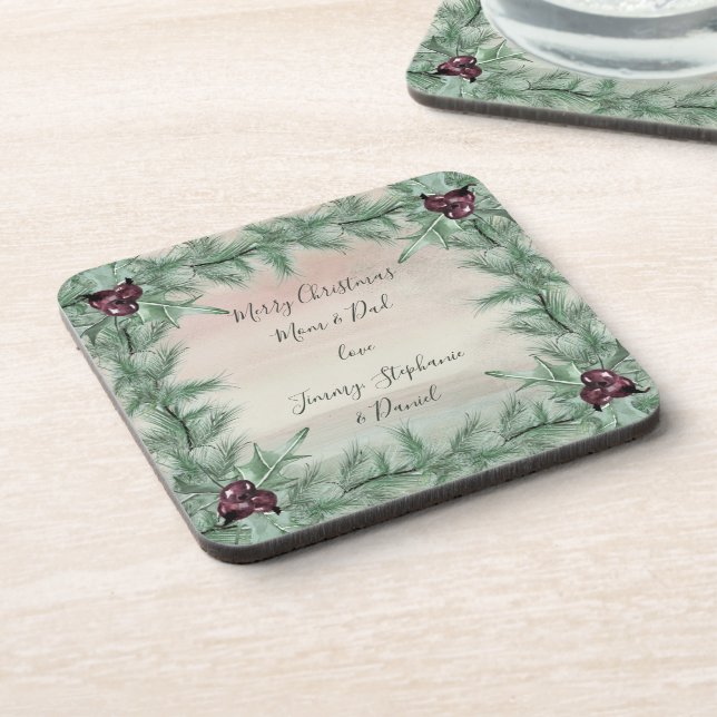 Burgundy Berry Holly Pine Christmas Coaster (Left Side)