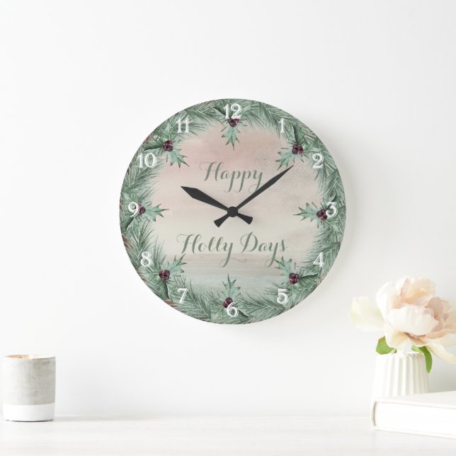 Burgundy Berry Holly Pine Christmas Large Clock (Home)