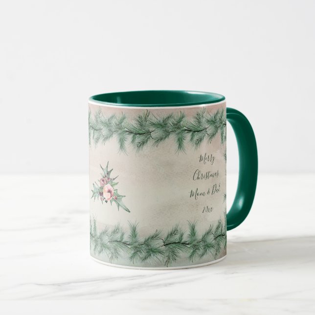Burgundy Berry Holly Pine Christmas Mug (Front Right)