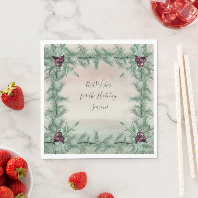 Burgundy Berry Holly Pine Christmas Napkin (Insitu)