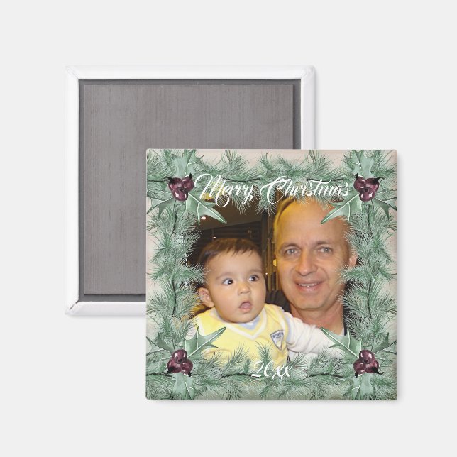 Burgundy Berry Holly Pine Christmas Photo Magnet (Front/Back)