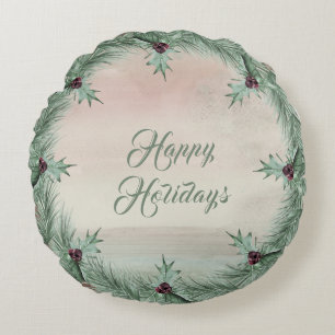 Burgundy Berry Holly Pine Christmas Round Pillow
