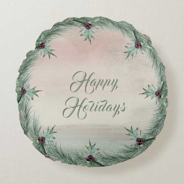 Burgundy Berry Holly Pine Christmas Round Pillow (Front)