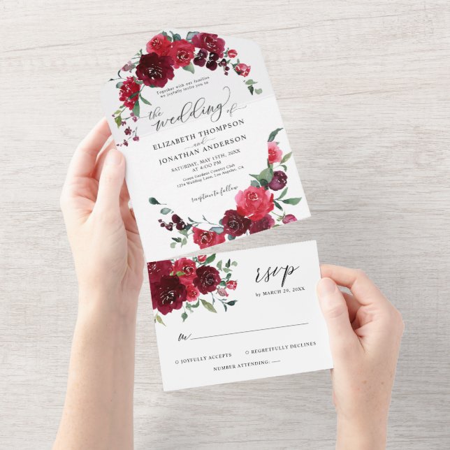 Burgundy Berry Pink Marsala Wedding Details RSVP All In One Invitation (Tearaway)