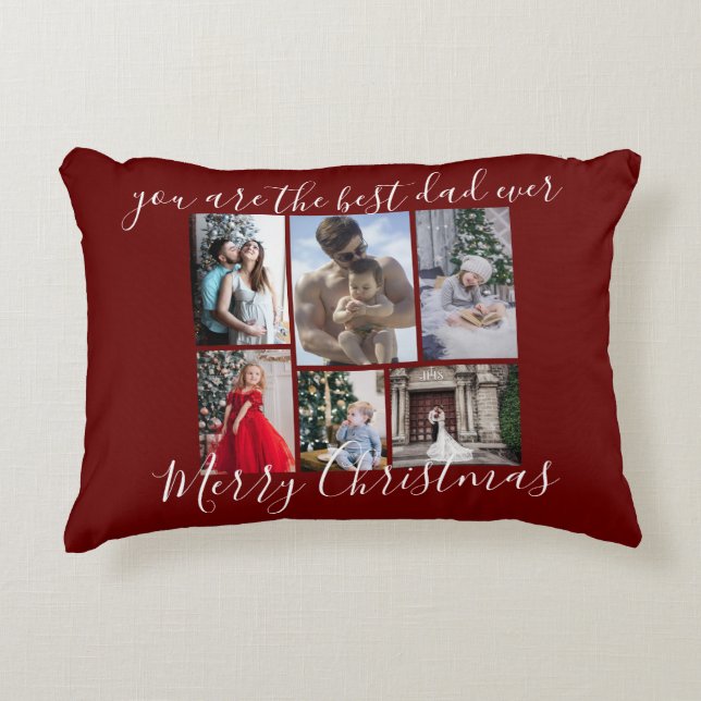 Burgundy Best Dad Ever Merry Christmas Photo Decorative Cushion (Front)