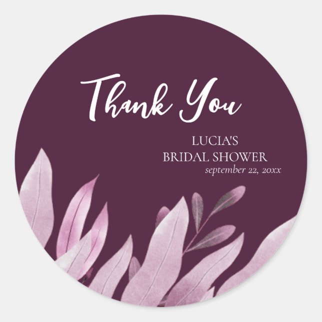 Burgundy Big leaf Bridal Shower Thank You Classic Round Sticker (Front)