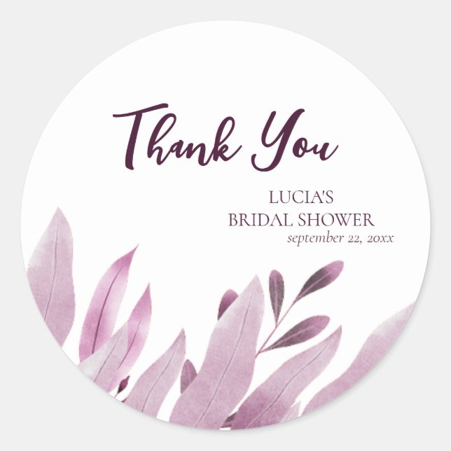 Burgundy Big leaf Bridal Shower Thank You Classic Round Sticker (Front)