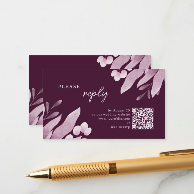 Burgundy Big Leaves Wedding RSVP Enclosure Card (Front/Back In Situ)
