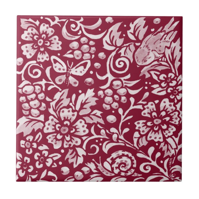 Burgundy Bird Butterfly Snail Berry Forest Floral Tile (Front)