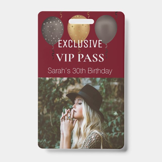 Burgundy Birthday Party Photo Custom Pass VIP ID Badge (Front)