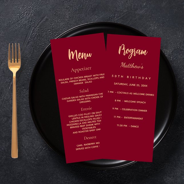 Burgundy birthday program dinner menu card (Creator Uploaded)