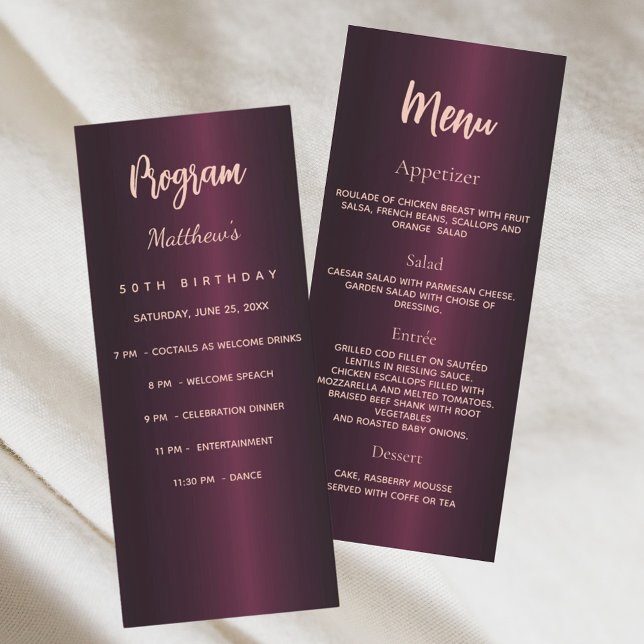 Burgundy birthday program dinner menu card (Creator Uploaded)