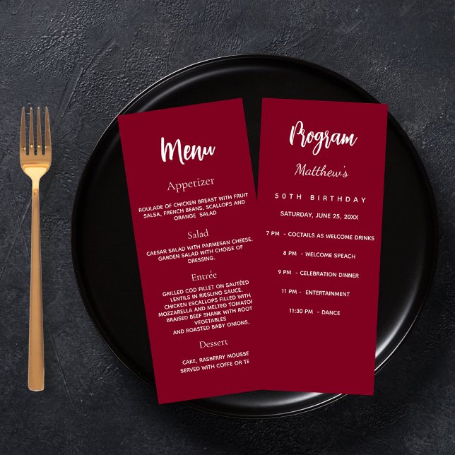 Burgundy birthday program dinner menu card (Creator Uploaded)