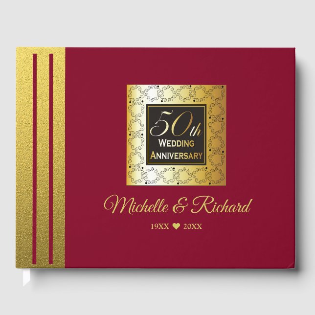 Burgundy Black And Gold 50th Wedding Anniversary Guest Book (Front)