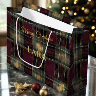 Burgundy, Black, and Gold Glowing Plaid Christmas  Large Gift Bag