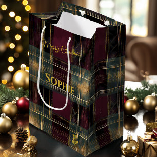 Burgundy, Black, and Gold Plaid Christmas Custom Medium Gift Bag