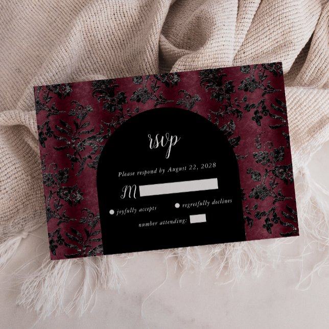 Burgundy Black Damask Arch Dark Moody Wedding RSVP Card (Creator Uploaded)