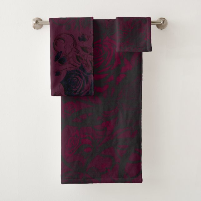 Burgundy & Black Dark Garden Gothic Glam Bath Towel Set (Insitu)