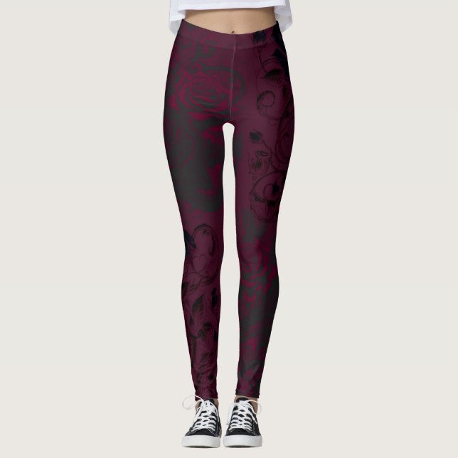 Burgundy & Black Dark Garden Gothic Glam Leggings (Front)