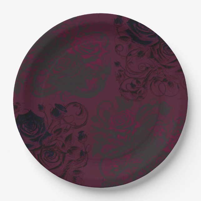 Burgundy & Black Dark Garden Gothic Glam Wedding Paper Plate (Front)