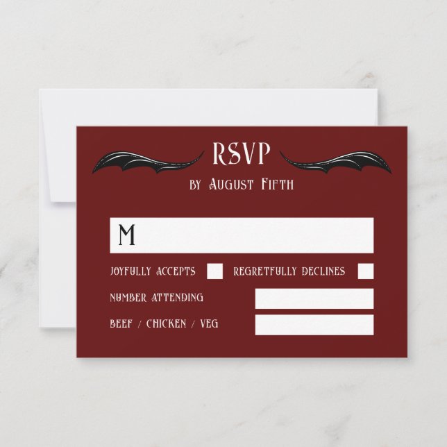 Burgundy Black Dragon Monogram Fantasy Wedding RSVP Card (Front)