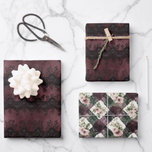 Burgundy Black Faux Lace Bridal Shower Wrapping Paper Sheet