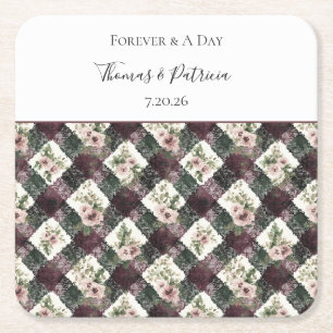 Burgundy Black Faux Lace Floral Wedding Square Paper Coaster