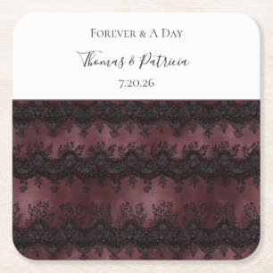 Burgundy Black Faux Lace Wedding Square Paper Coaster