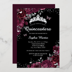 Burgundy Black Floral Elegant Silver Quinceanera