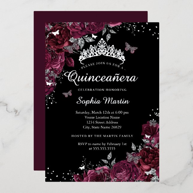 Burgundy Black Floral Elegant Silver Quinceanera (Front/Back)