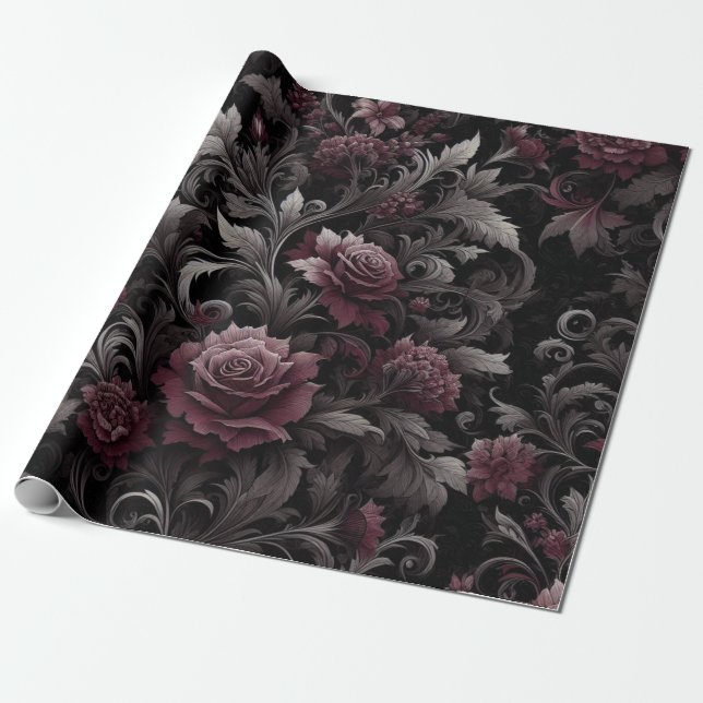 Burgundy Black Floral Gift Wrapping Paper  (Unrolled)